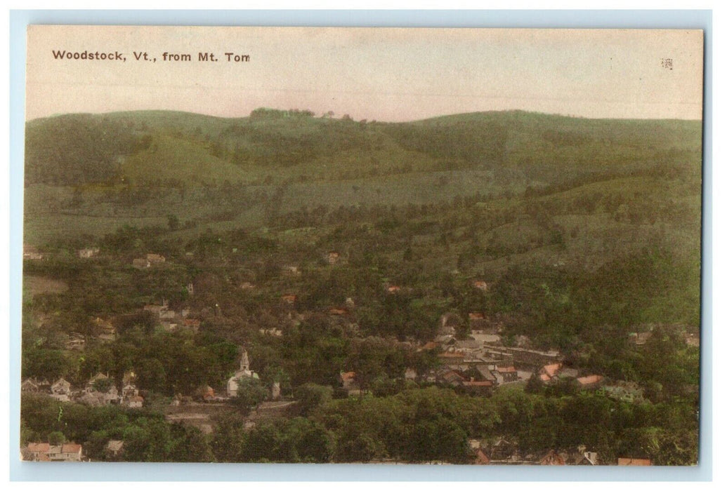 c1930's Bird's Eye View From Mt. Tom Woodstock Vermont VT Handcolored Postcard