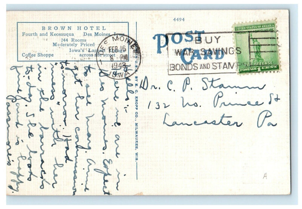 1943 Brown Hotel Fourth And Keosauqua Des Moines Iowa IA Vintage Postcard