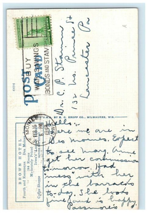 1943 Brown Hotel Fourth And Keosauqua Des Moines Iowa IA Vintage Postcard