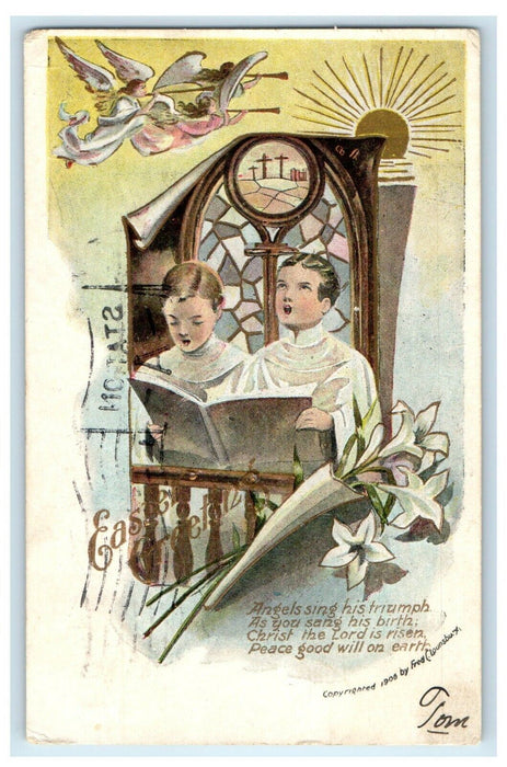 1907 Greetings Easter Angels Singing Floating Triumph Lily Flowers Postcard