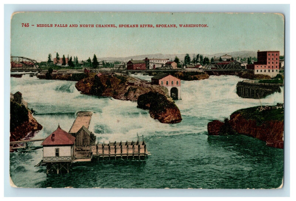 1916 Middle Falls and North Channel, Spokane River, Washington WA Postcard