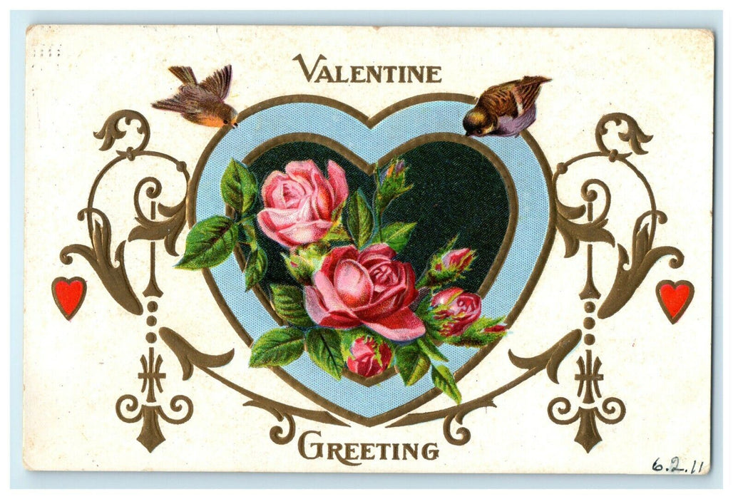 1909 Valentine Greetings Heart Flowers Birds Embossed Antique Postcard