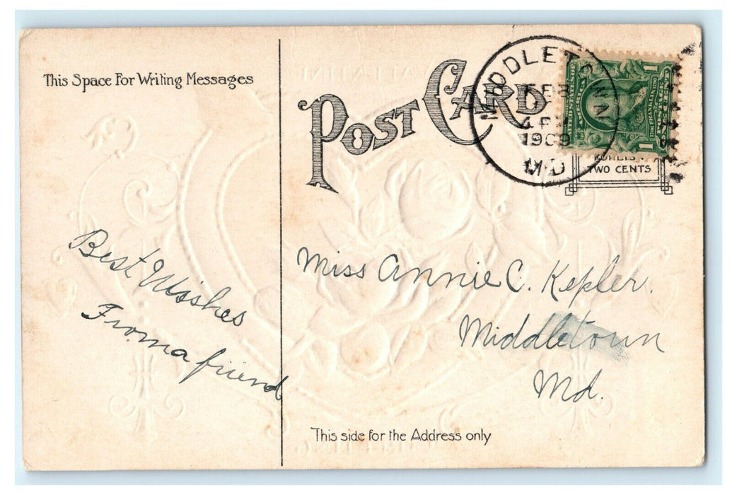 1909 Valentine Greetings Heart Flowers Birds Embossed Antique Postcard