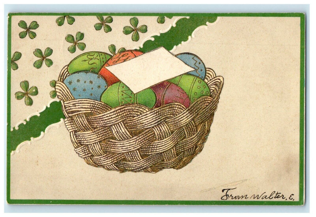 1907 Greetings Easter Rattan Eggs Basket And Flowers Embossed Antique Postcard
