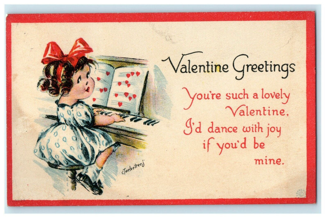 1917 Little Girl Playing Piano Twelvetrees Valentine Antique Postcard