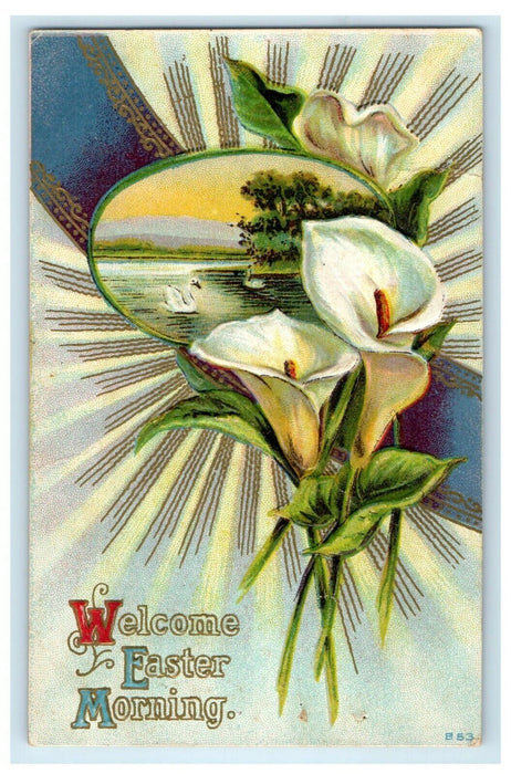 1911 Greetings Easter Calla Lily Flowers Duck Pond Embossed Antique Postcard