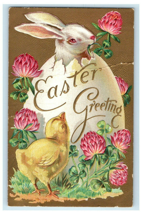 1909 Easter Greetings Hatched Egg Rabbit Chick Flowers Embossed Antique Postcard