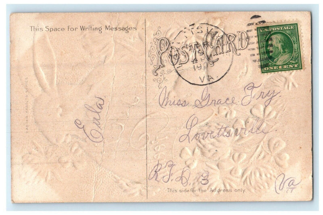 1909 Easter Greetings Hatched Egg Rabbit Chick Flowers Embossed Antique Postcard