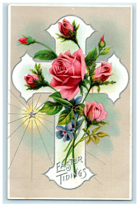 c1910's Easter Greetings Cross And Pink Flowers Embossed Antique Postcard