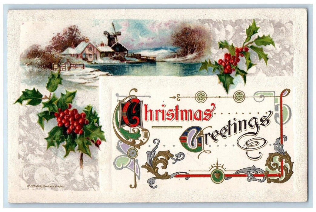 1911 Christmas Greetings Holly Windmill House Pond Winter John Winsch Postcard