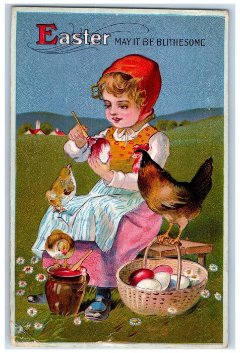 1913 Easter Girl Egg Painting Chicks Daisy Flowers Portland Oregon OR Postcard