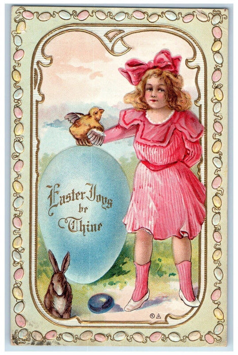 1912 Easter Joys Girl Giant Egg Rabbit Chick Embossed Detroit MI Posted Postcard