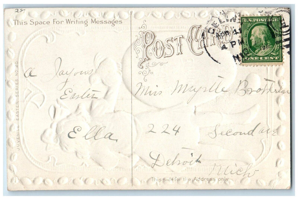 1912 Easter Joys Girl Giant Egg Rabbit Chick Embossed Detroit MI Posted Postcard