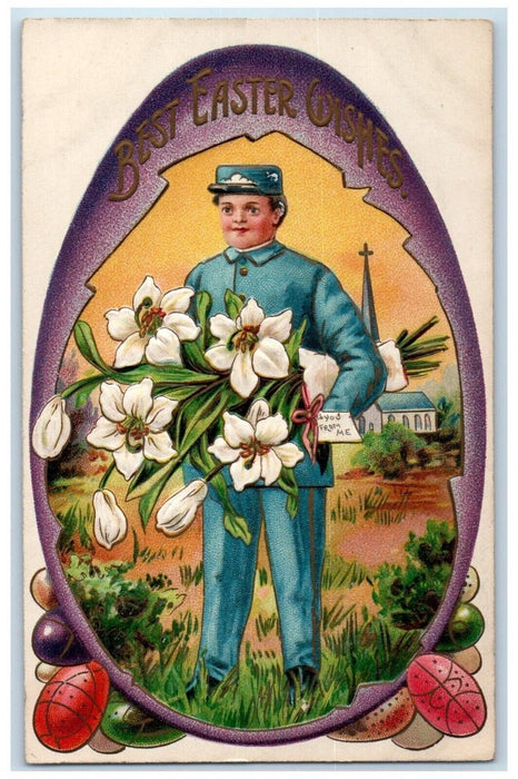 c1910's Easter Wishes Mailman Delivering Lilies Flowers Boquet Eggs Postcard