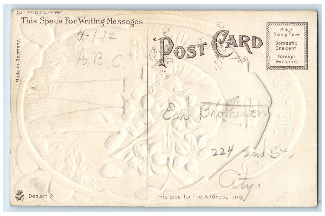 c1910's Easter Wishes Mailman Delivering Lilies Flowers Boquet Eggs Postcard