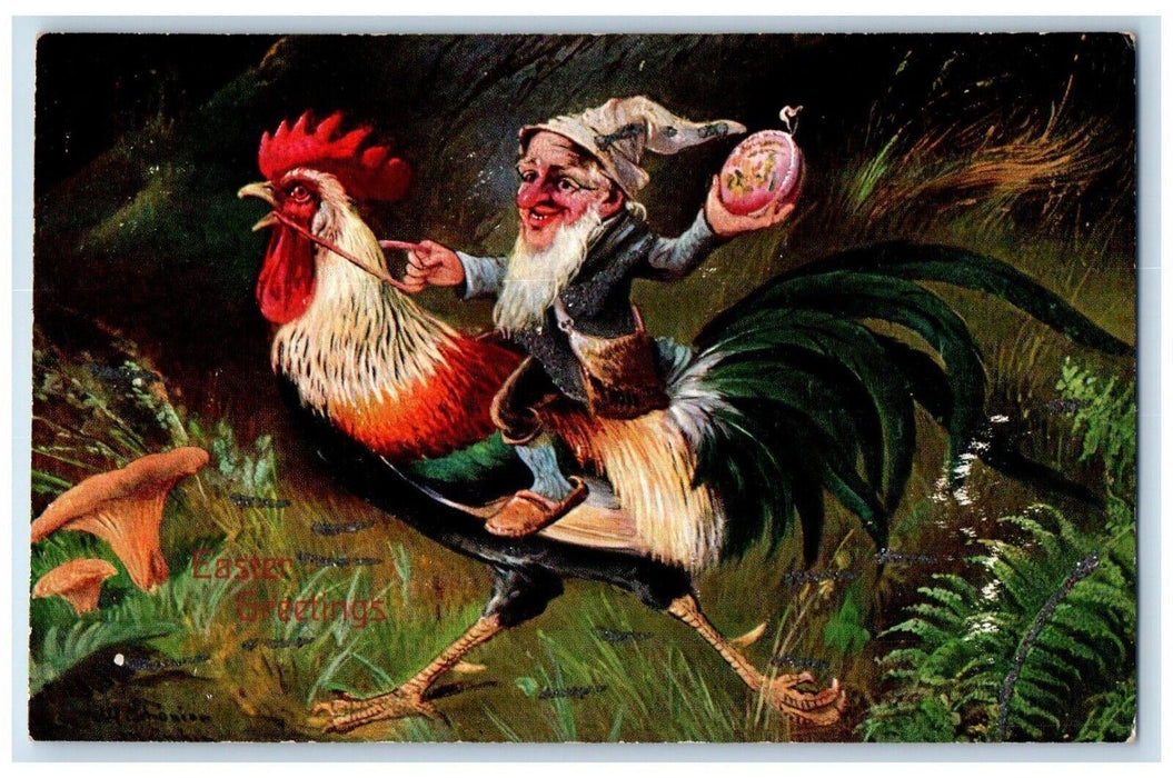 Easter Greetings Elf Gnome Riding Chicken Rooster Mushroom Antique Postcard