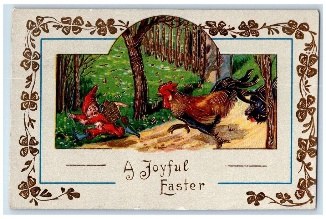 1913 Easter Rooster Chasing Elf Gnome Basket Of Eggs Gel Golt Gilt Postcard
