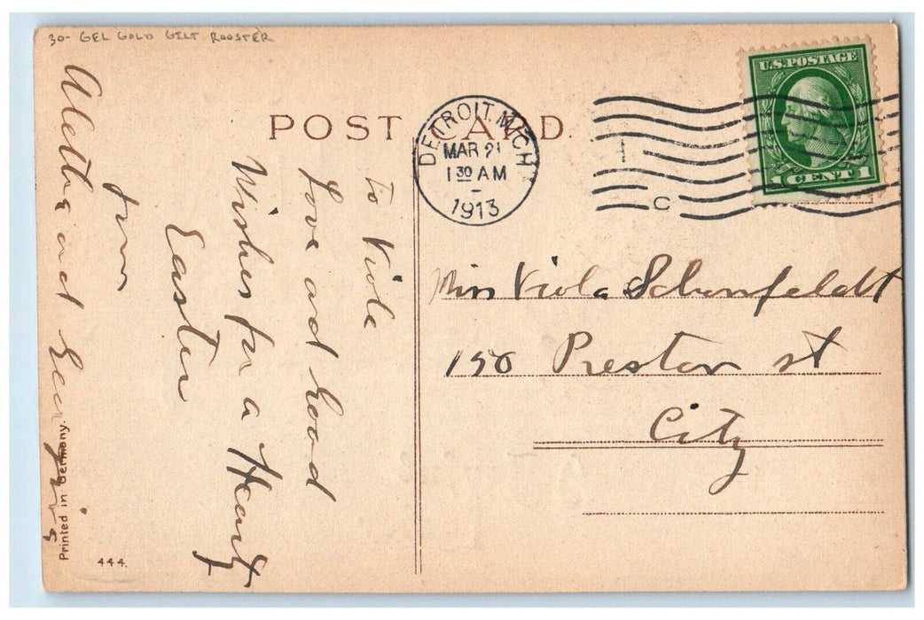 1913 Easter Rooster Chasing Elf Gnome Basket Of Eggs Gel Golt Gilt Postcard