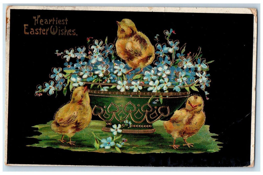 1910 Easter Wishes Chicks Pansies Flowers Gel Gold Gilt Embossed Posted Postcard