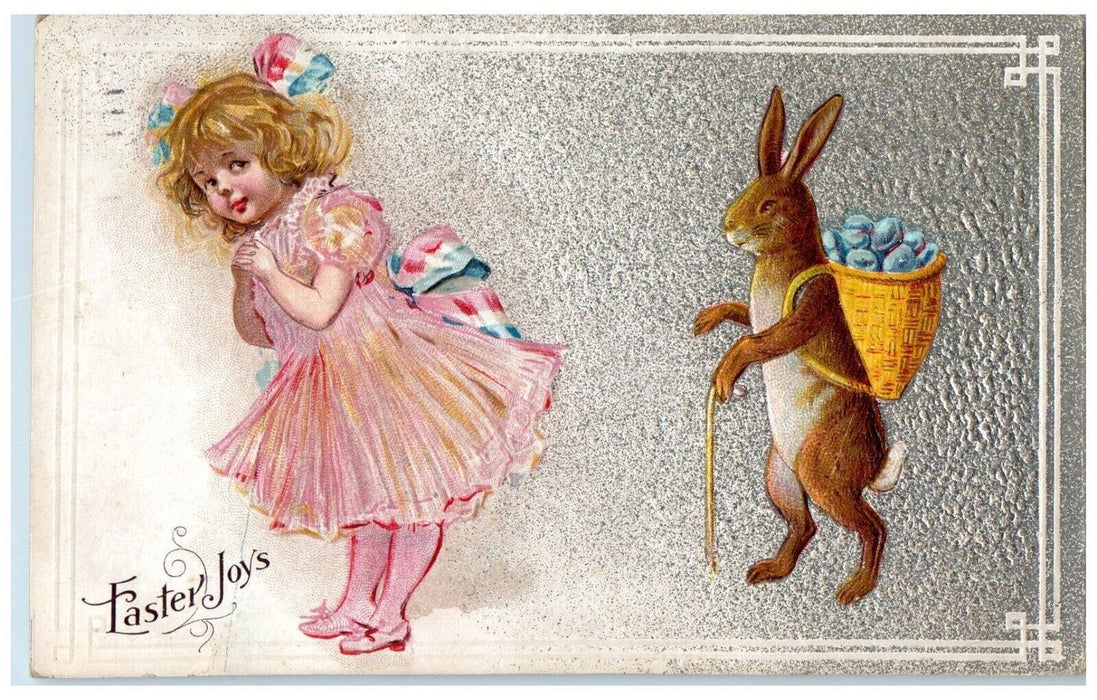 1911 Easter Joys Girl Anthropomorphic Rabbit With Eggs Basket Embossed Postcard