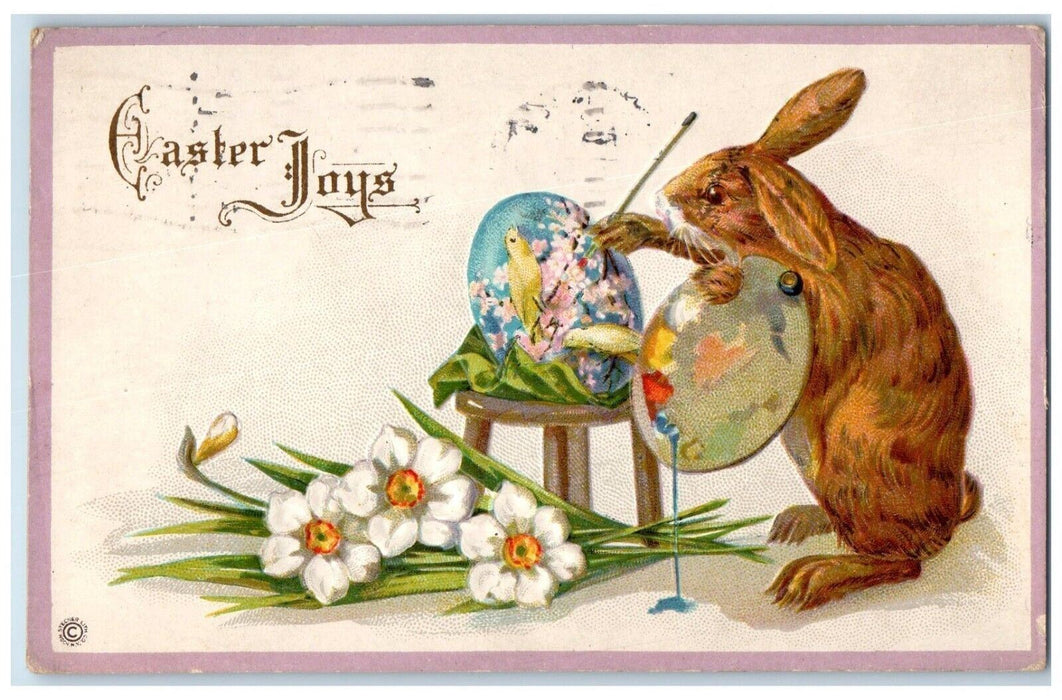 1917 Easter Joys Rabbit Paint Eggs White Flowers Embossed Detroit MI Postcard