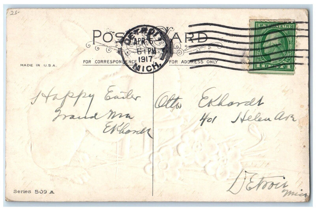 1917 Easter Joys Rabbit Paint Eggs White Flowers Embossed Detroit MI Postcard