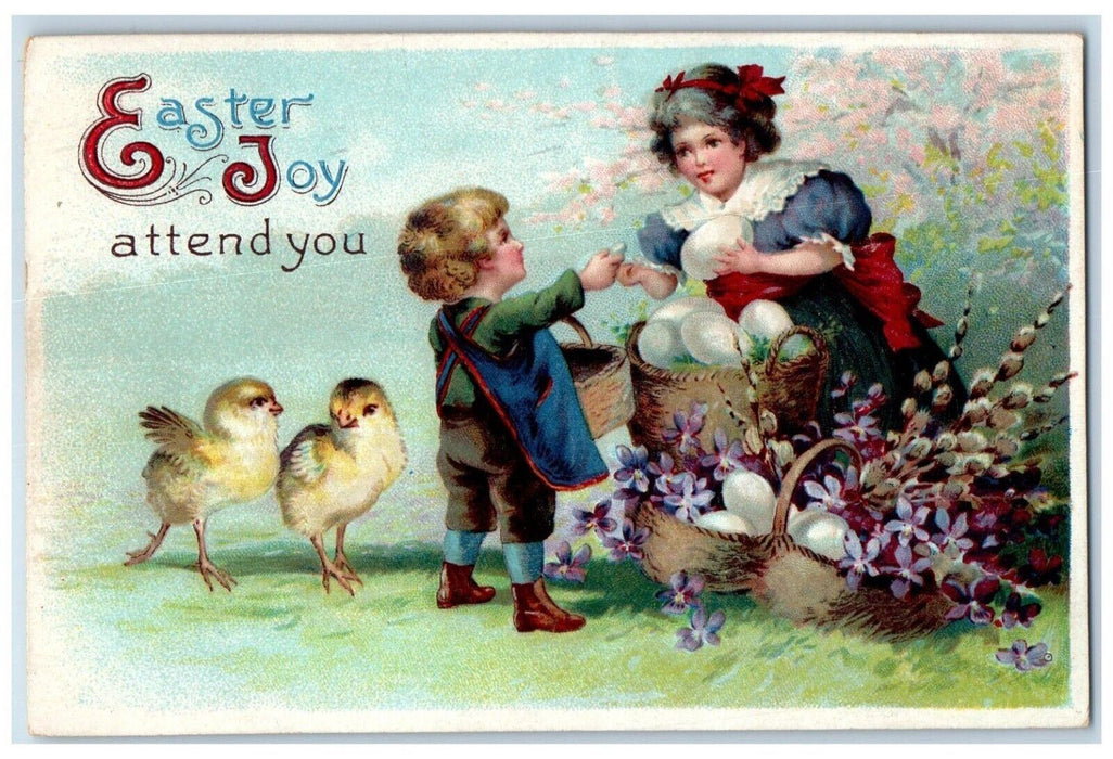 1912 Easter Joy Mother And Son Collecting Eggs Chicks Flowers In Basket Postcard