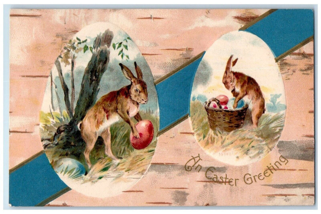 c1905 Easter Greeting Anthropomorphic Rabbit Collecting Eggs Nash Postcard