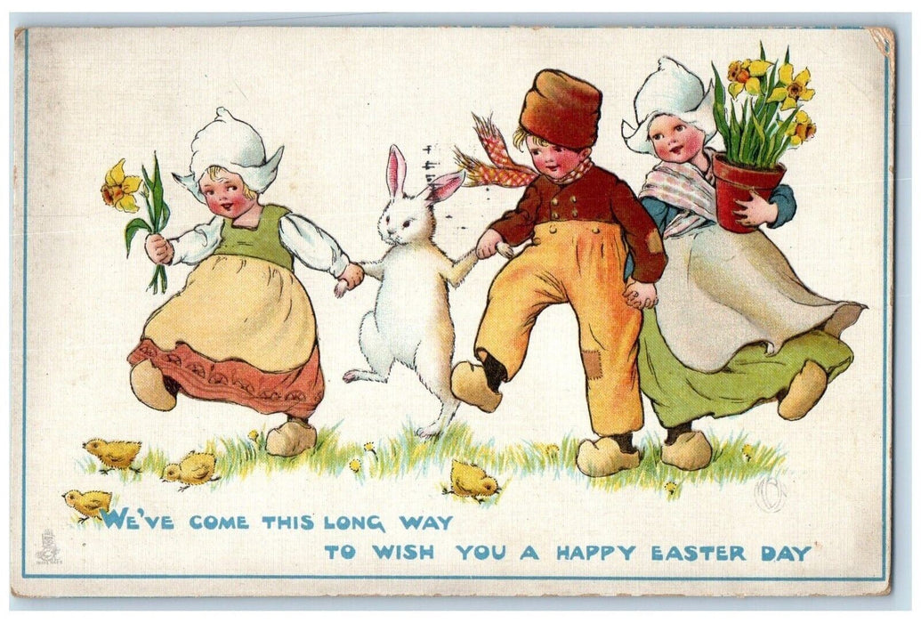 1916 Easter Dutch Children And Rabbit Playing Chicks Flowers Tuck's Postcard