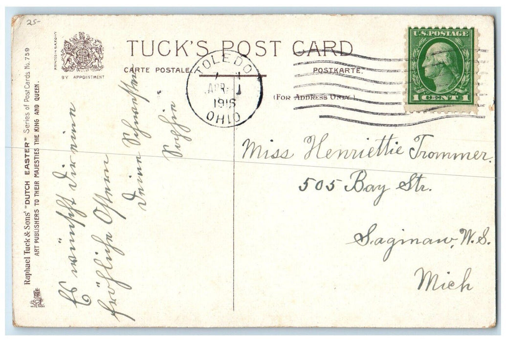 1916 Easter Dutch Children And Rabbit Playing Chicks Flowers Tuck's Postcard