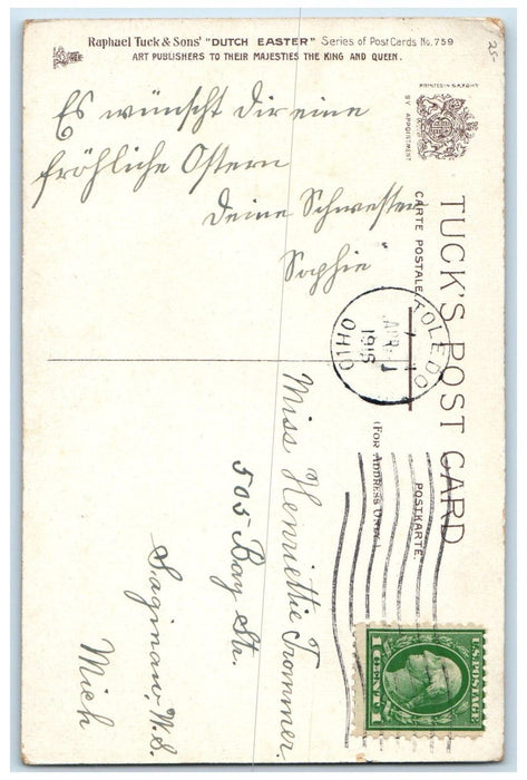 1916 Easter Dutch Children And Rabbit Playing Chicks Flowers Tuck's Postcard