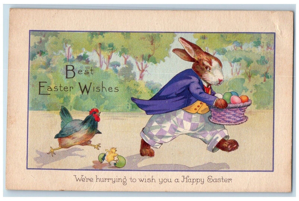 c1910's Easter Wishes Chicken Chasing Anthropomorphic Rabbit Eggs Postcard