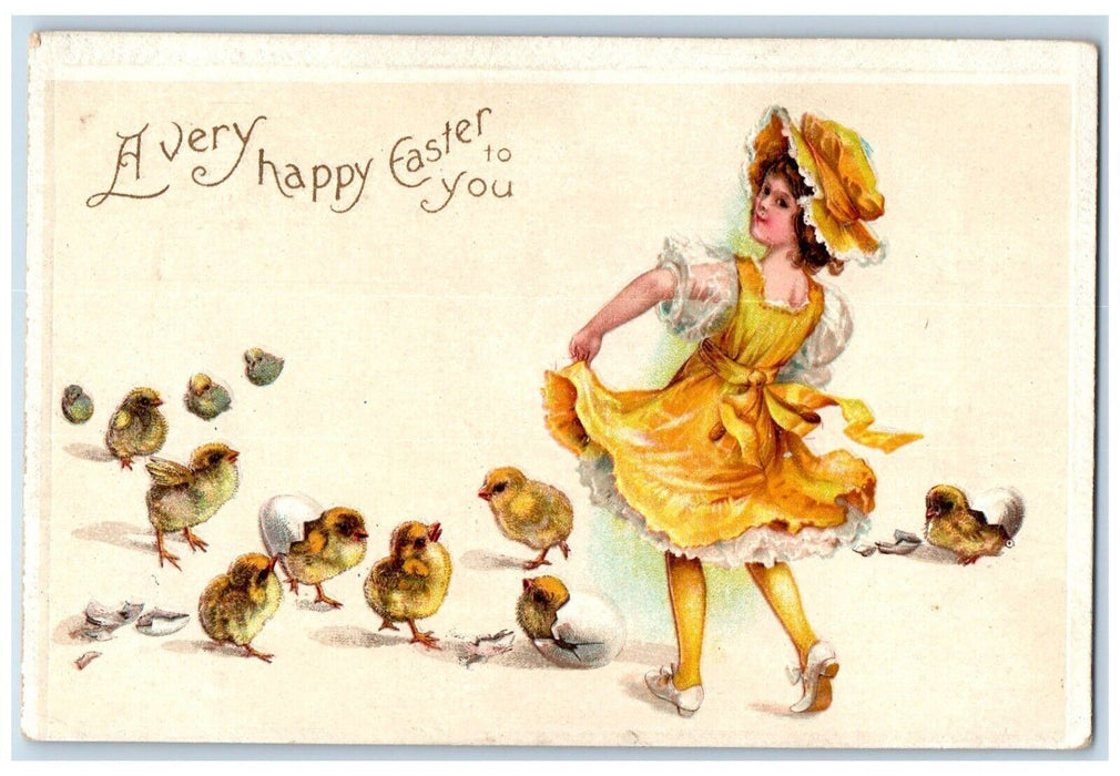 c1910's Happy Easter Woman Dancing With Chicks Hatched Egg Clapsaddle Postcard