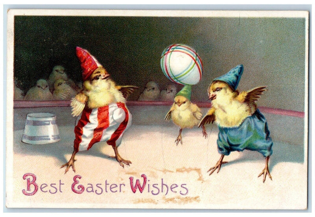 c1910's Easter Wishes Anthropomorphic Chicks Circus Juggling Clapsaddle Postcard