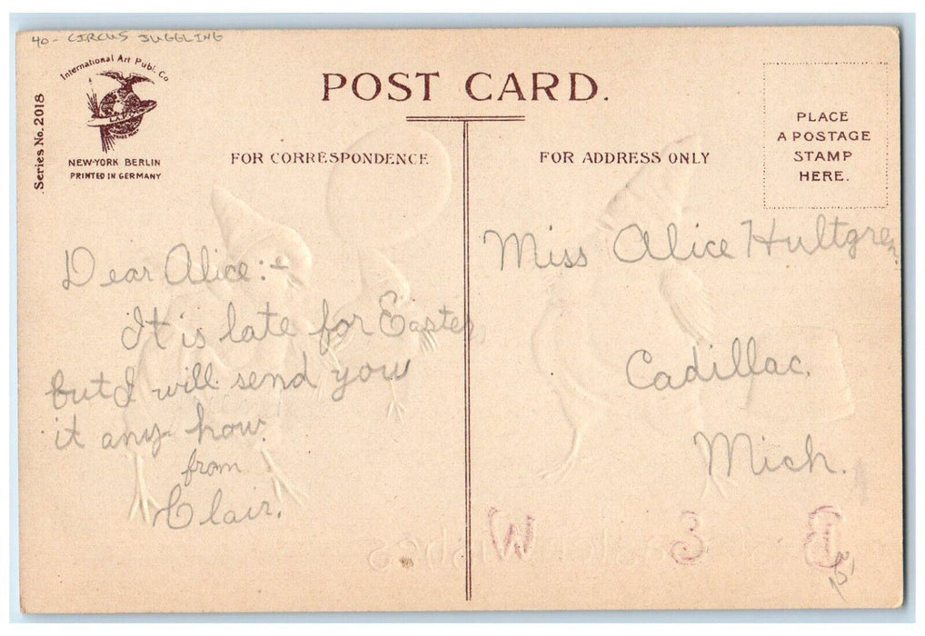 c1910's Easter Wishes Anthropomorphic Chicks Circus Juggling Clapsaddle Postcard