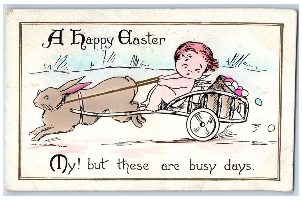 1913 Happy Easter Rabbit Pulling Cart With Basket Eggs Fell Brainerd MN Postcard