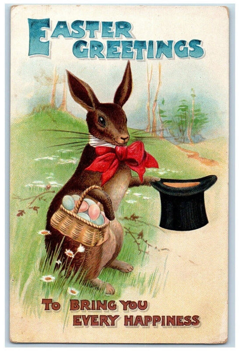 c1910's Easter Greetings Anthropomorphic Rabbit With Basket Eggs Hat Postcard