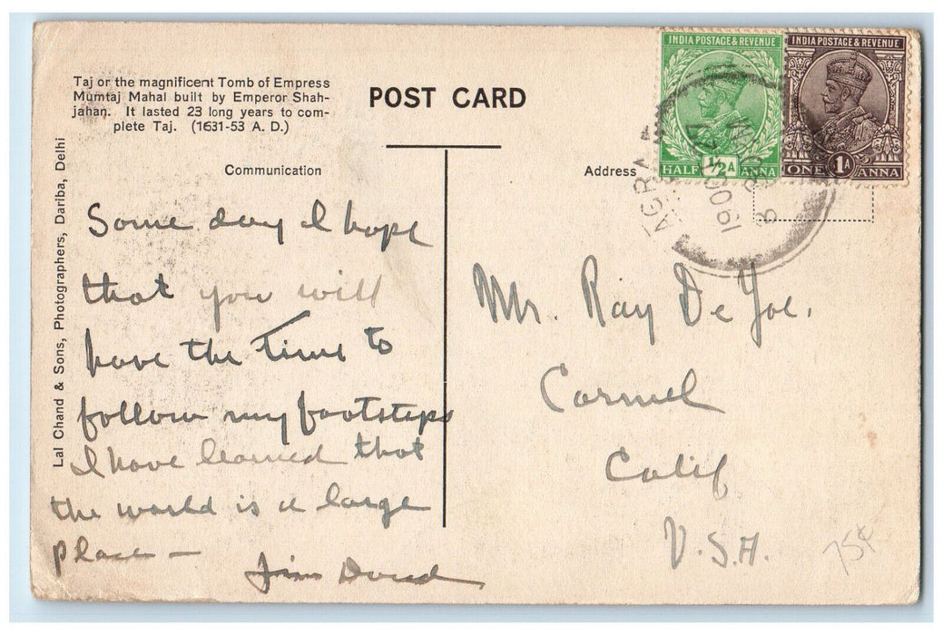 1927 Taj Agra and Its Beautiful Garden Agra India Vintage Posted Postcard