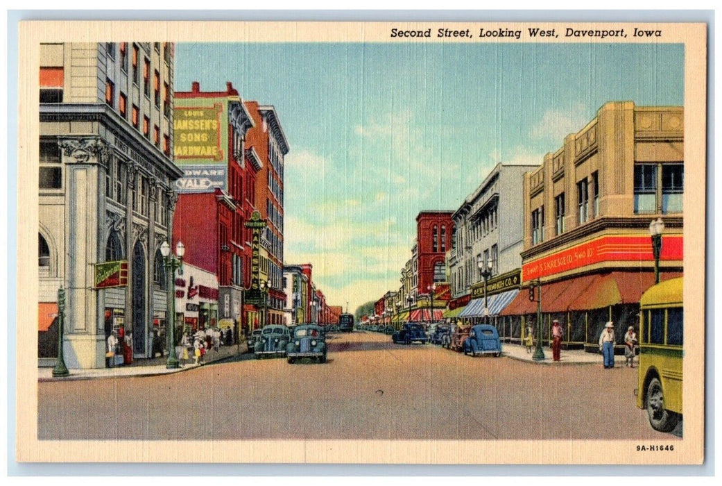 c1940's Hanssen Woolworth Second Street Looking West Davenport Iowa IA Postcard