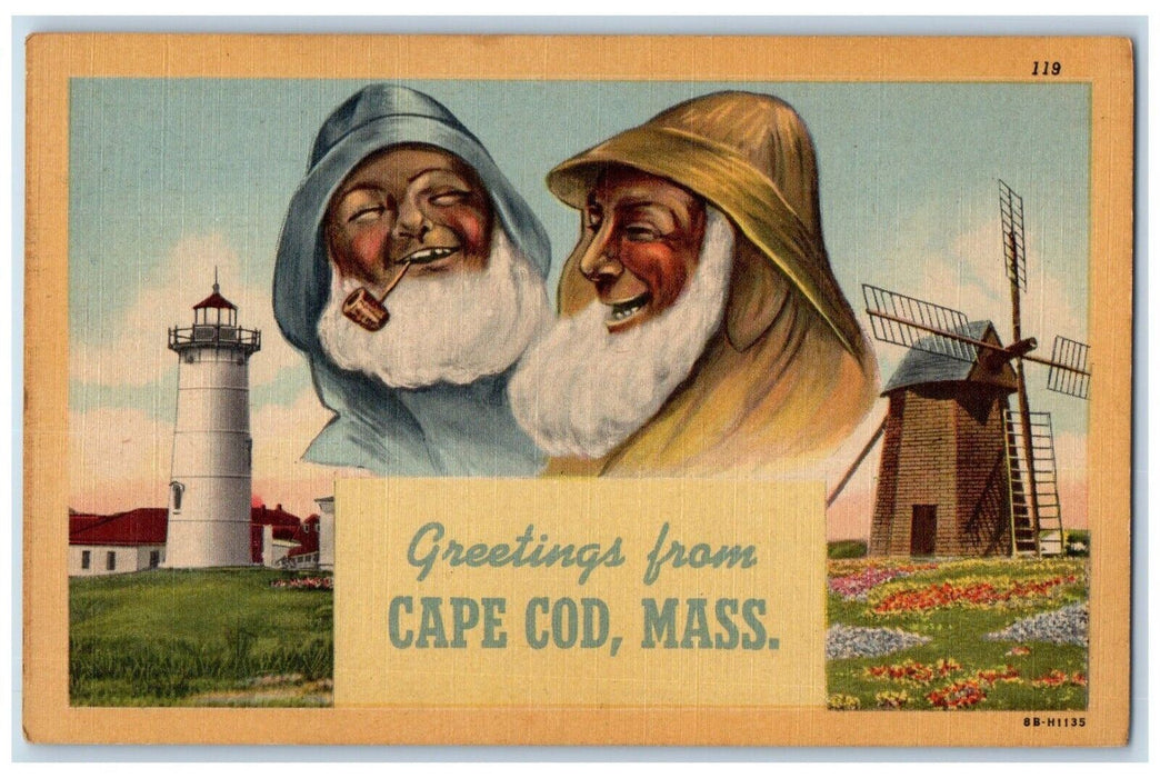 c1940 Greetings From Cape Cod Lighthouse Windmill Massachusetts Vintage Postcard