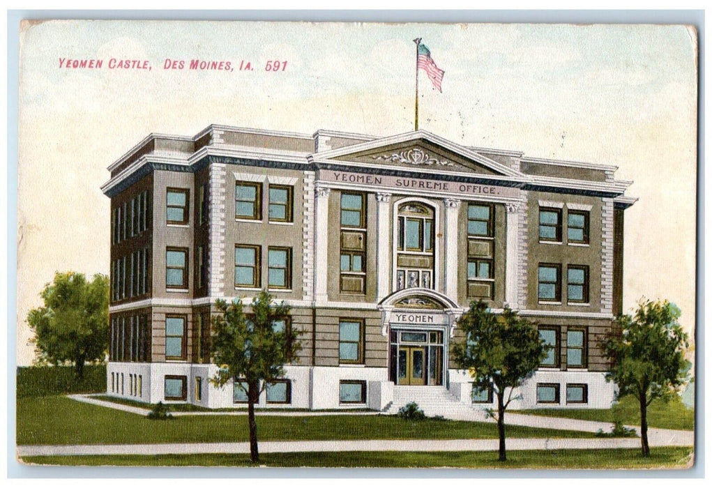 1909 Yeomen Castle Supreme Office Des Moines Iowa IA Posted Antique Postcard