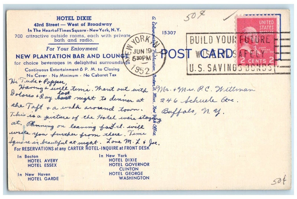 1952 Hotel Dixie View Restaurant Entrance Time Square New York City NY Postcard