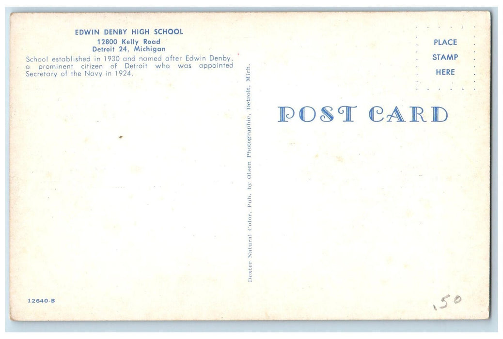 c1960s Edwin Denby High School Roadside Detroit 24 Michigan MI Unposted Postcard