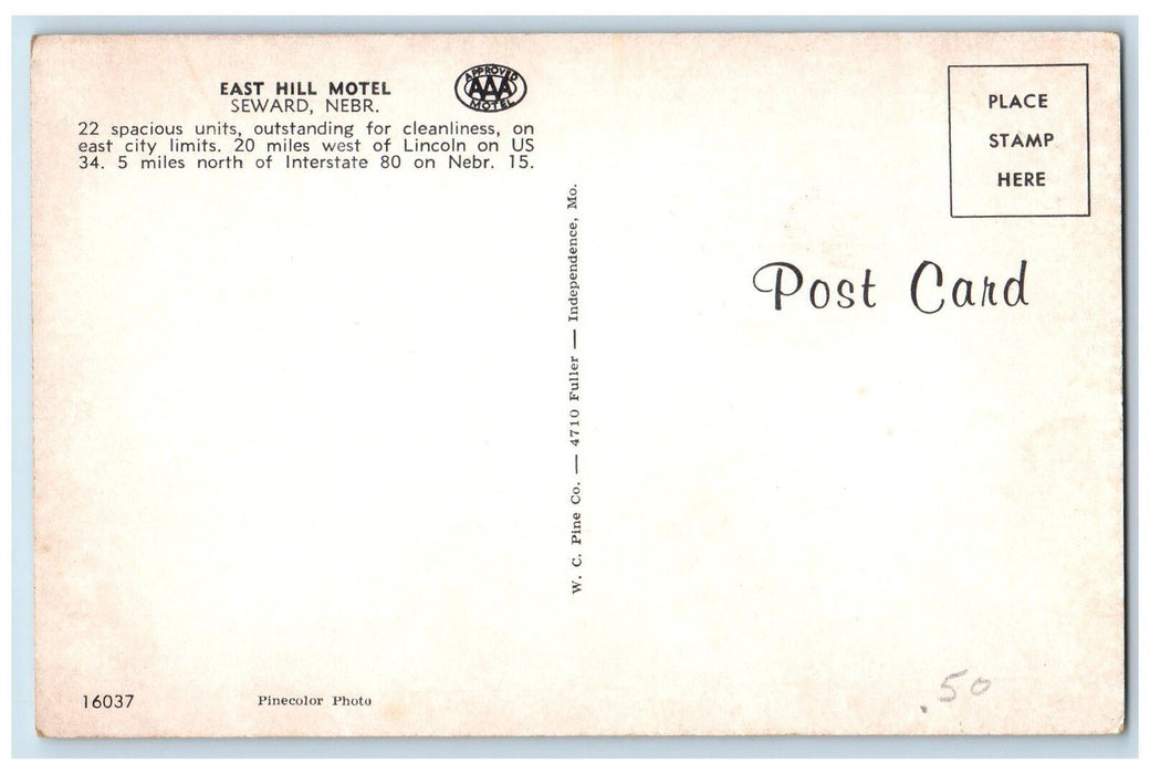 c1960's East Hill Roadside Motel Seward Nebraska NE Unposted Vintage Postcard