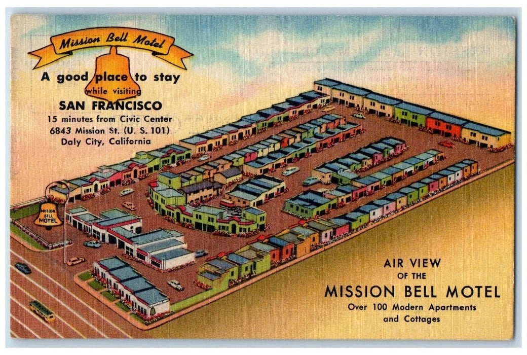 c1940's Greetings Mission Bell Motel San Francisco California Unposted Postcard