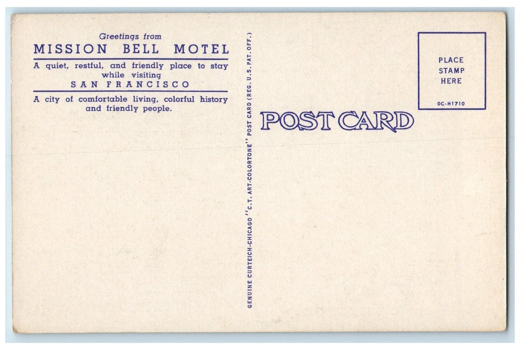 c1940's Greetings Mission Bell Motel San Francisco California Unposted Postcard