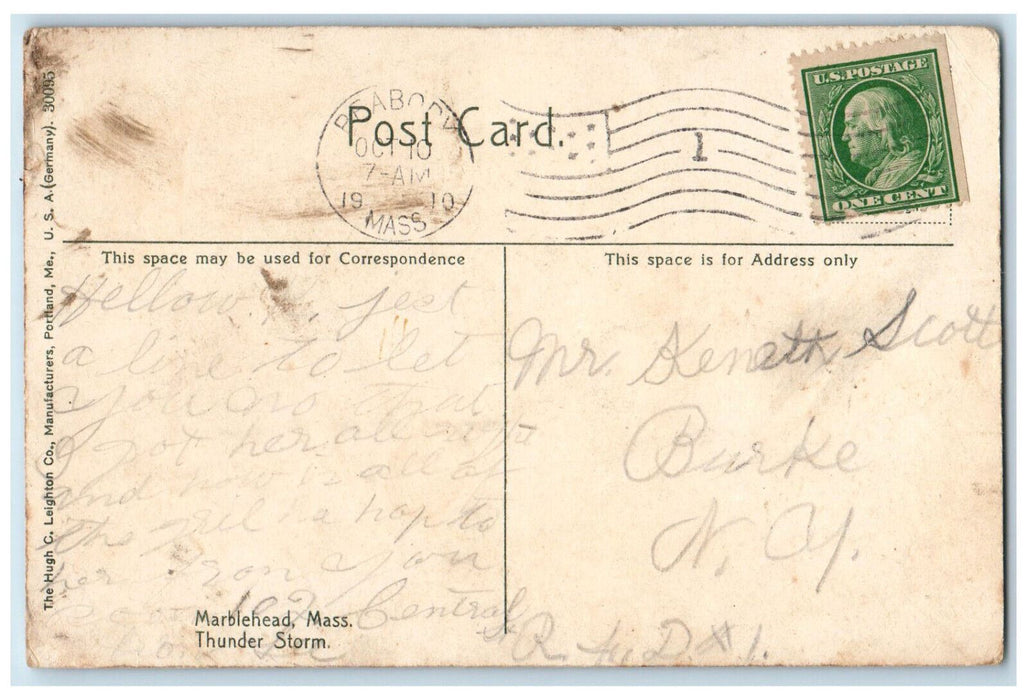 1910 Thunder Storm Buildings Marblehead Massachusetts MA Antique Posted Postcard