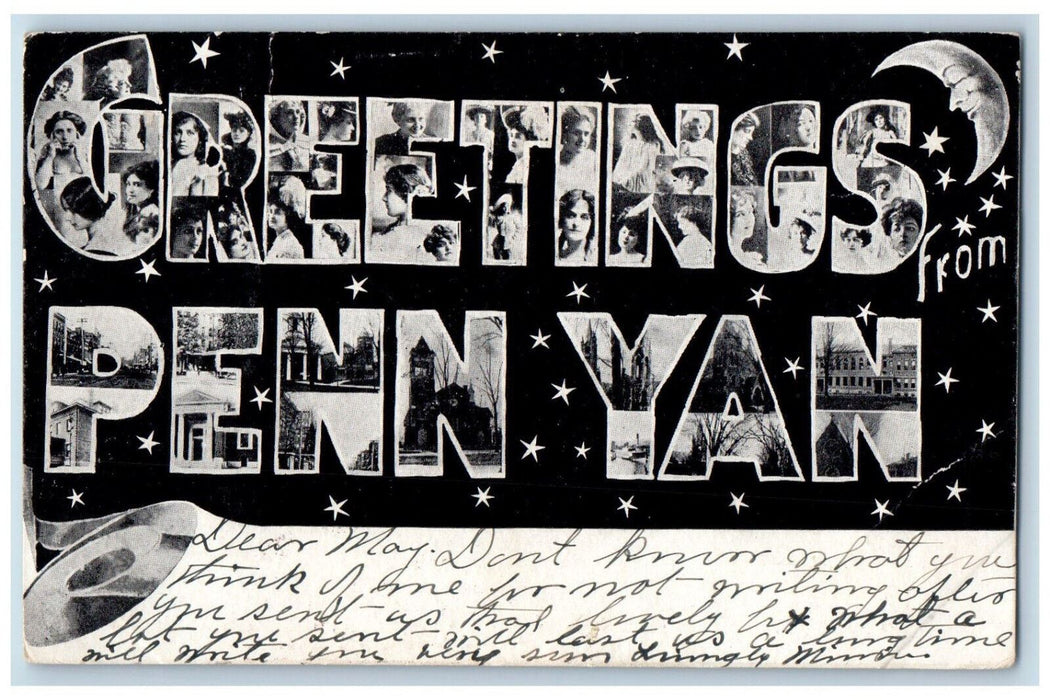 1907 Greetings from Penn Yan NY Half Moon Stars Large Letter Postcard