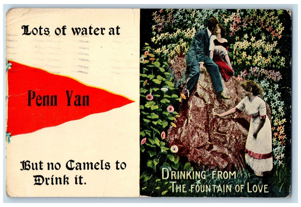 1913 Couple Kissing Drinking from Fountain of Love Penn Yan Pennant NY Postcard