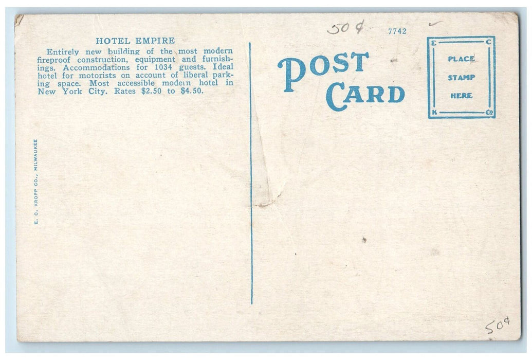 c1950's Hotel Empire View Restaurant Flags Classic Cars Broadway NY Postcard